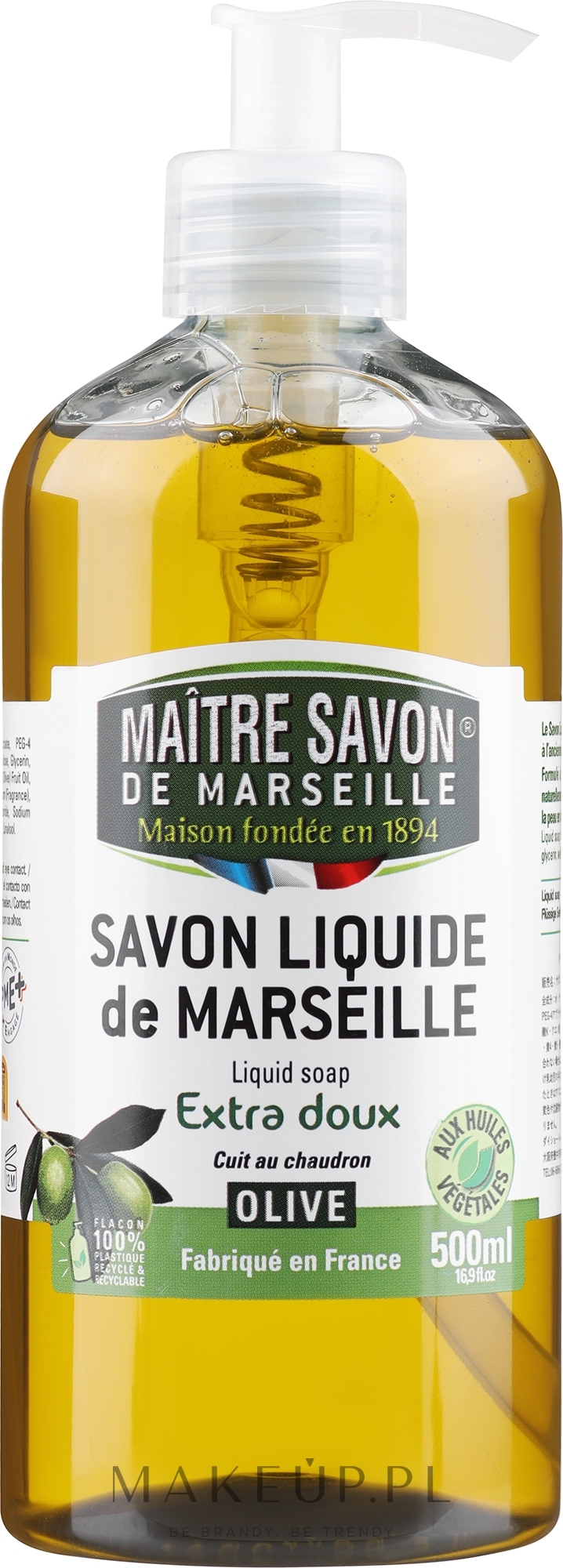 Marsylskie mydło w płynie Oliwkowe - Maitre Savon De Marseille Savon Liquide De Marseille Olive Liquid Soap — Zdjęcie 500 ml