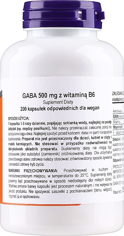 Aminokwas GABA z witaminą B6, 500 mg - Now Foods GABA with Vitamin B6 500 mg — Zdjęcie N2