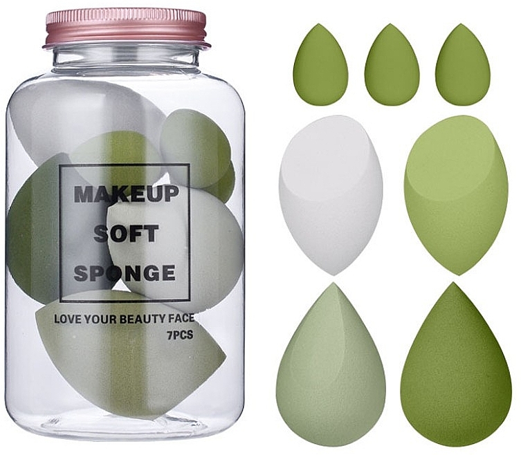 Zestaw gąbek do makijażu w słoiku, 7 szt. - Ecarla Makeup Soft Sponge Avocado Green — Zdjęcie N1