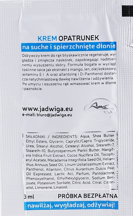 Krem do suchych i spierzchniętych dłoni - Jadwiga (próbka) — Zdjęcie N2