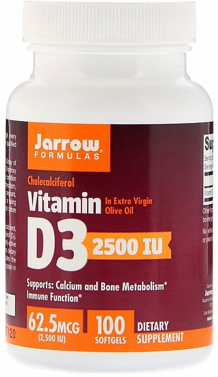 Suplement diety z witaminą D3 - Jarrow Formulas Cholecalciferol Vitamin D3 2500 IU  — Zdjęcie N1