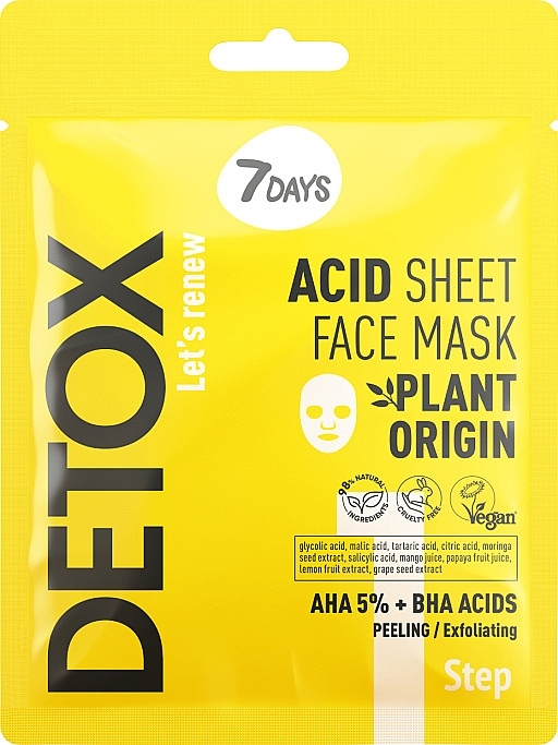 Złuszczająca maseczka do twarzy z kwasami AHA (5%) i BHA - 7 Days Detox Let's Renew Acid Sheet Face Mask  — Zdjęcie N1