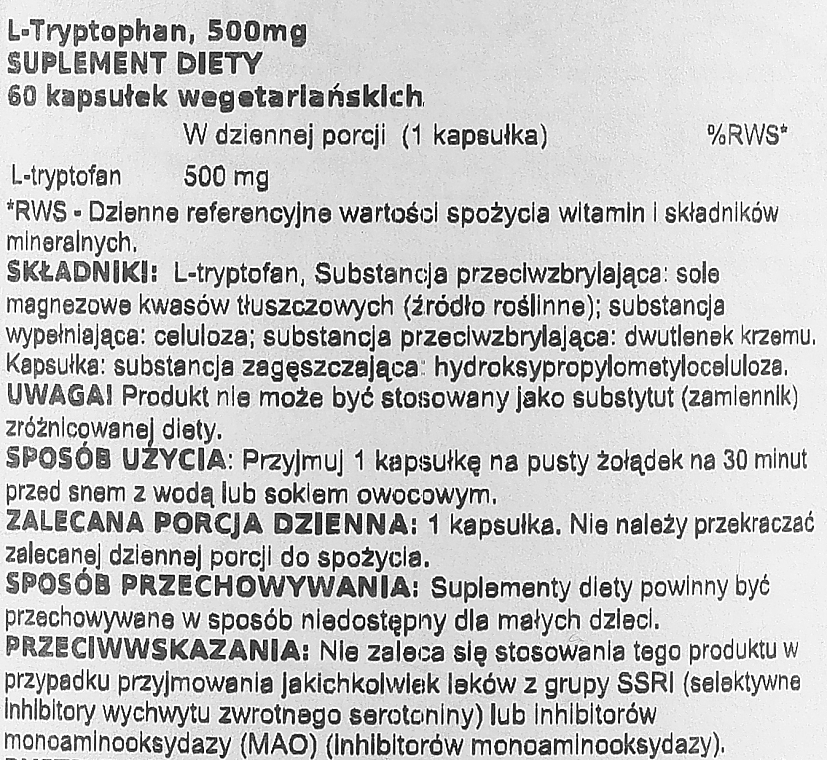 Suplement diety L-tryptofan, 500 mg - Jarrow Formulas L-Tryptophan 500mg — Zdjęcie N2