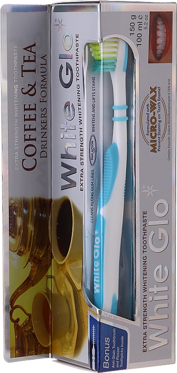 Zestaw wybielający zęby dla miłośników kawy i herbaty, niebieski - White Glo Coffee & Tea Drinkers Formula Whitening Toothpaste (toothpaste/100ml + toothbrush) — Zdjęcie N1