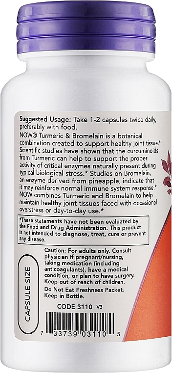 Kapsułki z kurkumą i bromelainą - Now Foods Turmeric & Bromelain Veg Capsules — Zdjęcie N2