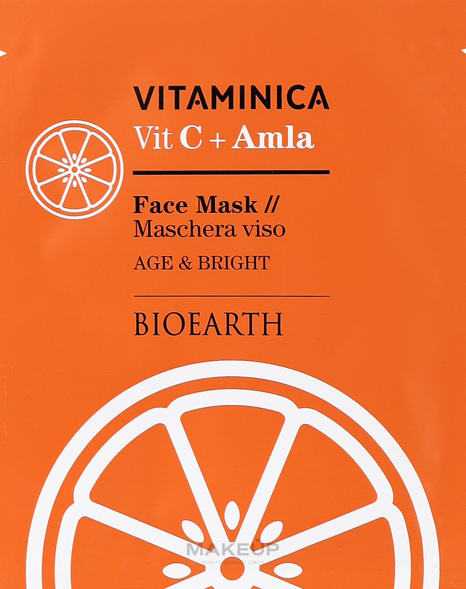 Celulozowa maseczka antyoksydacyjna, rozświetlająca i tonizująca do wszystkich rodzajów skóry twarzy - Bioearth Vitaminica Single Sheet Face Mask Vit C + Amla — Zdjęcie 15 ml