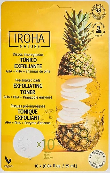 Złuszczające i rozjaśniające płatki tonizujące z kwasem glikolowym i enzymami ananasa - Iroha Nature Exfoliating Toner Pre-soaked Pads — Zdjęcie N1