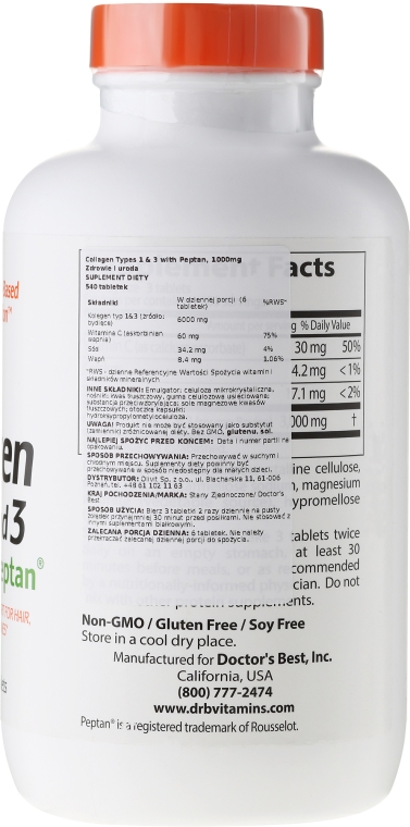 Kolagen typu 1 i 3 z witaminą C na zdrowe stawy - Doctor's Best Collagen Types 1 & 3 with Peptan 1000 mg — Zdjęcie N4