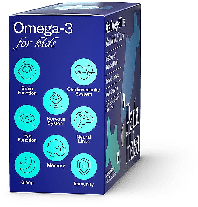 Suplement diety Kids Omega-3 z wysokim poziomem DHA, 300 mg, 120 kapsułek - Perla Helsa Kids Omega-3 Tuna Brain & Body Power Dietary Supplement — Zdjęcie N3