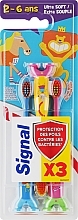 Kup Zestaw dziecięcych szczoteczek do zębów, żółta + różowa + niebieska - Signal Kids Tripack
