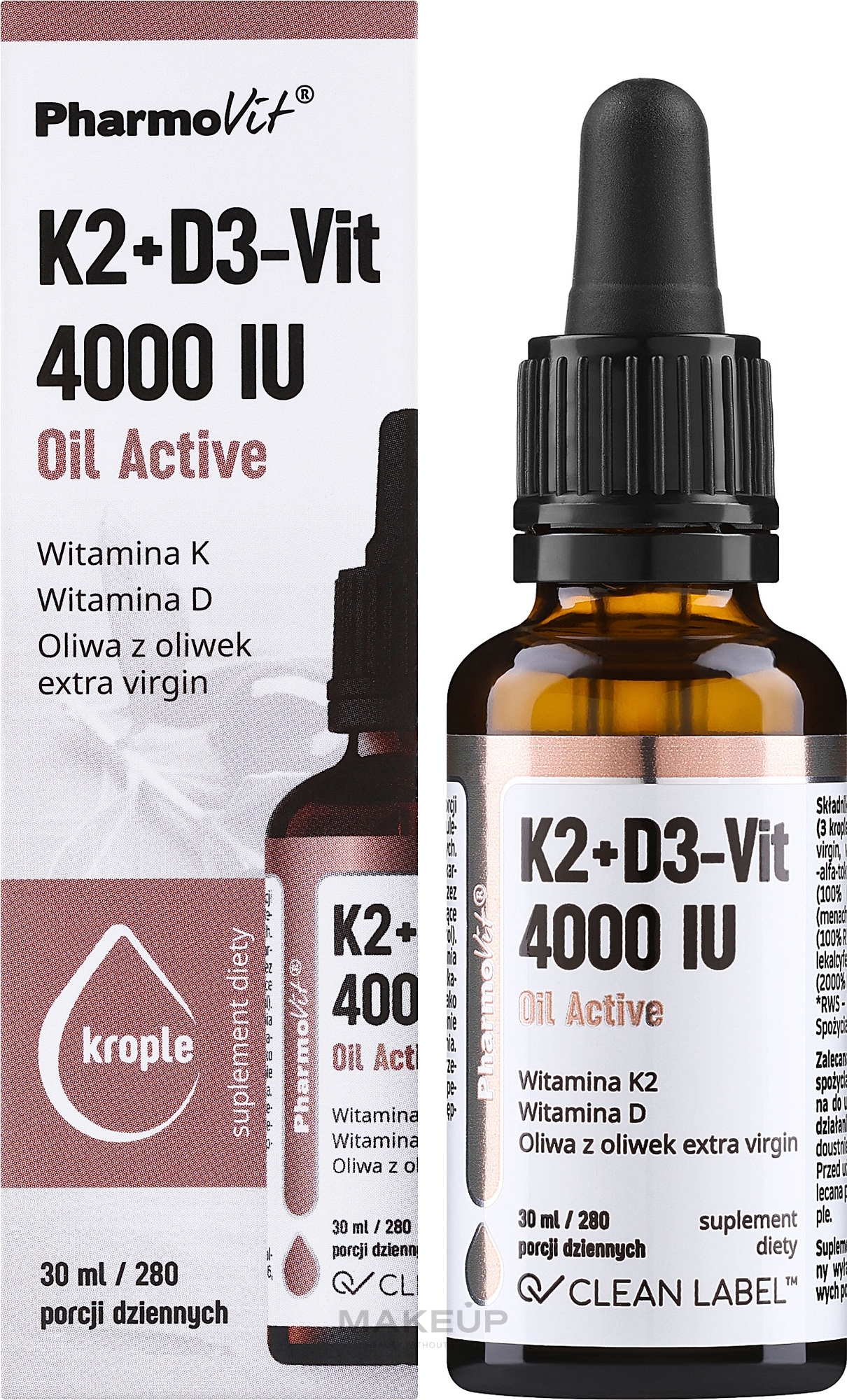 Suplement diety w olejku Witamina K2 + D3 - Pharmovit Clean Label K2 + D3-Vit 4000 IU Oil Active — Zdjęcie 30 ml