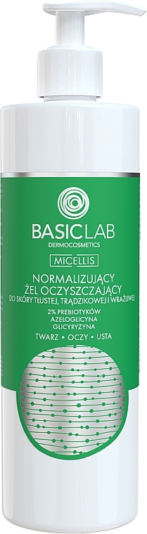 Normalizujący żel oczyszczający do skóry tłustej, trądzikowej i wrażliwej - BasicLab Dermocosmetics Micellis — Zdjęcie N2