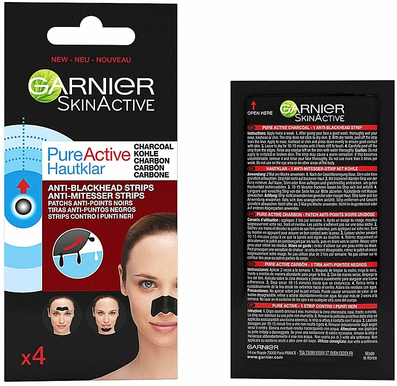 Plastry oczyszczające na nos z węglem - Garnier Skin Active Pure Active Anti-Blackhead Charcoal Strips — Zdjęcie N1