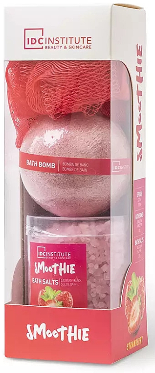 Zestaw - IDC Institute Smoothie Strawberry Set (bath/ball/140g + sponge/1pcs + salt/200g) — Zdjęcie N1