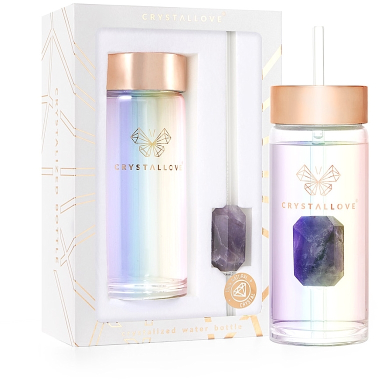 Szklana holograficzna butelka na wodę z ametystem i słomką, 400 ml - Crystallove Glass Hologram Water Bottle with Amethyst and Straw — Zdjęcie N1