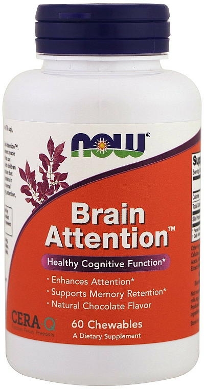 Suplement diety w kapsułkach do żucia wspomagający koncentrację - Now Foods Brain Attention Chocolate Flavor — Zdjęcie N1