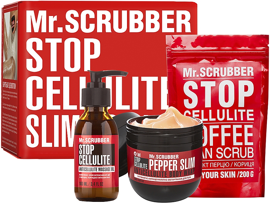 Zestaw Schudnij latem z Mr.Scrubberem - Mr.Scrubber Stop Cellulite Body (oil/100ml + cr/hot/250g + scrub/200g) — Zdjęcie N1