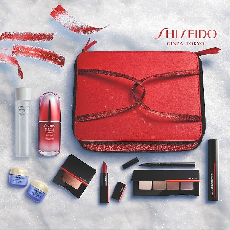 Zestaw podarunkowy - Shiseido Christmas Blockbuster Beauty Essentials Set (serum 50ml + demaq 125 ml + 2 x f/cr 15 ml + mascara 11,5 ml + eye/shadow 5,2 g + eye/liner 0,4 ml + blush 4 g + lipstick 4 g) — Zdjęcie N3