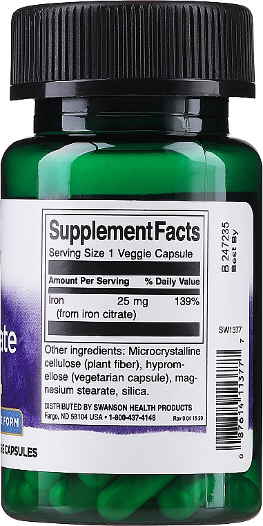 Suplement diety Cytrynian żelaza, 25 mg - Swanson Iron Citrate 25 mg — Zdjęcie N2