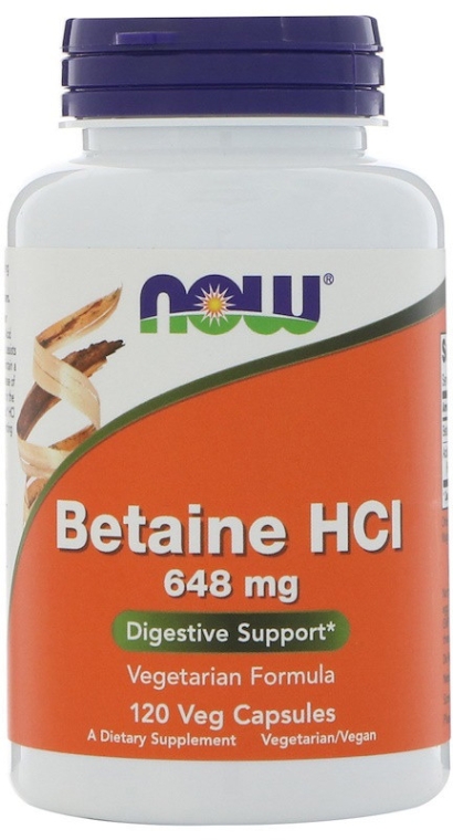 Kapsułki wegetariańskie na prawidłowe trawienie Betaina 648 mg + pepsyna - Now Foods Betaine HCl — Zdjęcie N1