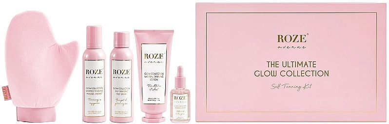 Zestaw prezentowy z samoopalaczem - Roze Avenue Glow Collection Tanning Box (spray/150m l+ lot/200ml + mousse/200ml + drops/30ml + glove/1 piece) — Zdjęcie N1