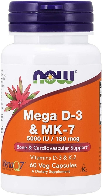 Suplement diety, Mega D-3 i MK-7, 60 kapsułek - Now Foods Mega D-3 & MK-7 — Zdjęcie N1