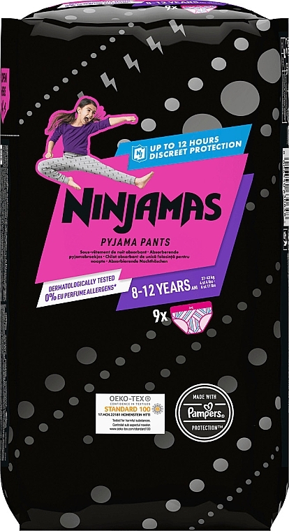 Pieluchomajtki Ninjamas Pyjama Girl Pants, 8-12 lat (27-43 kg), 9 sztuk - Pampers — Zdjęcie N1
