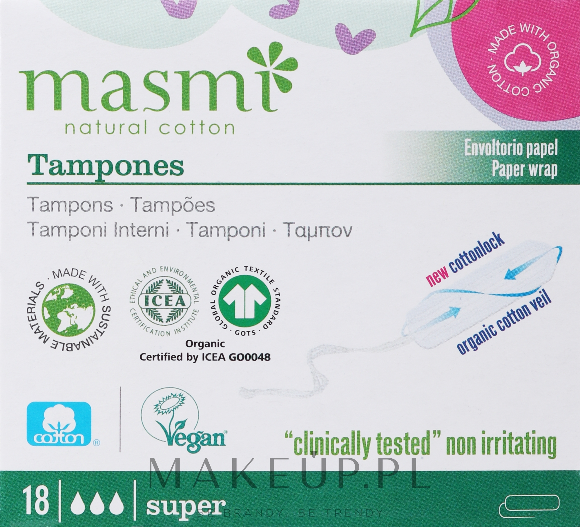 Organiczne tampony bez aplikatora, 18 szt - Masmi Super — Zdjęcie 18 szt.