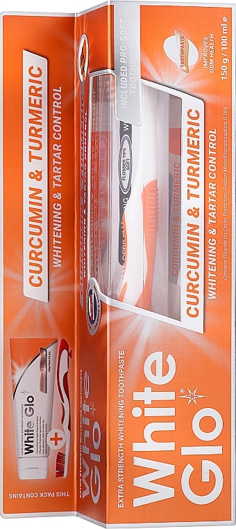 Zestaw z pomarańczową szczoteczką - White Glo Curcumin & Turmeric Whitening (toothpaste/150g + toothbrush) — Zdjęcie N1
