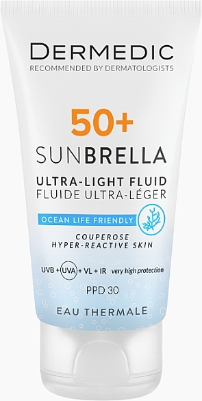 Ultralekki krem ​​ochronny SPF 50+ dla skóry naczyniowej i nadreaktywnej - Dermedic 50+ Sunbrella Ultra-light Fluid — Zdjęcie N1