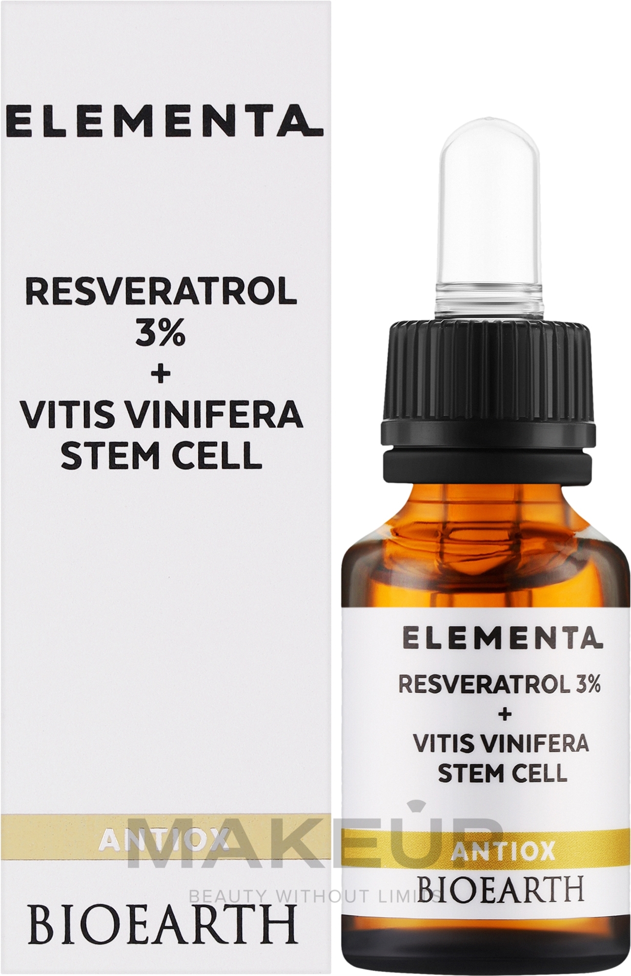 Antyoksydacyjne serum do twarzy - Bioearth Elementa Antiox Resveratrol 3% + Vitis Vinifera Stem Cell — Zdjęcie 15 ml