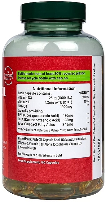 Suplement diety Omega 3 z witaminą D3. Zdrowie serca, 1200 mg - Holland & Barrett Omega 3 Fish Oil & Vitamin D3 Heart Health — Zdjęcie N2