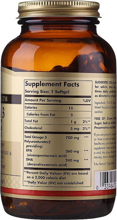 Suplement diety Omega-3 700 mg EPA i DHA - Solgar Double Strength Omega-3 700 mg EPA & DHA — Zdjęcie N4