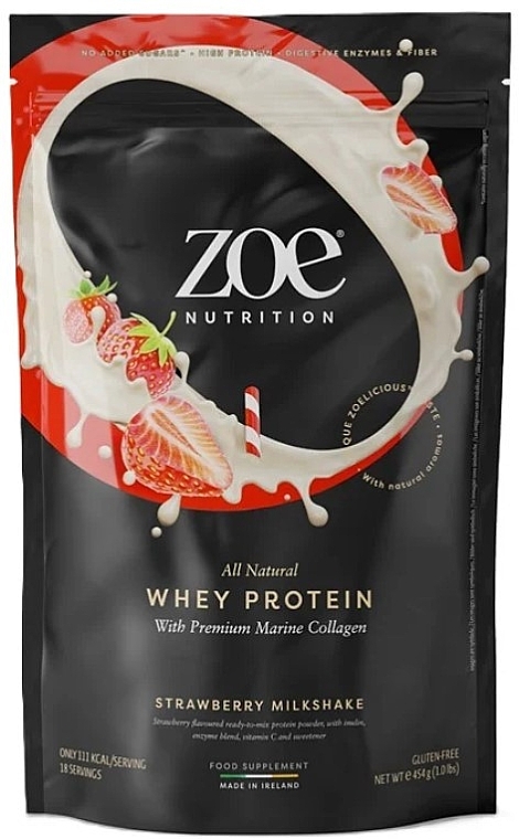 Suplement białkowy z kolagenem morskim, koktajl truskawkowy - Zoe Nutrition Whey Protein & Marine Collagen Strawberry Milkshake — Zdjęcie N1