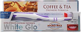 Kup Zestaw: pasta do zębów wybielająca przebarwienia + fioletowa szczoteczka - White Glo Coffee & Tea Drinkers Formula (t/paste 100 ml + t/brush + flosser t/picks)