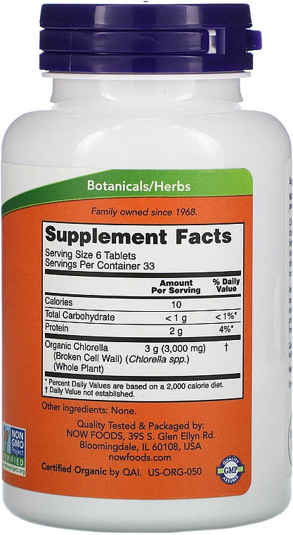 Naturalny suplement Chlorella, 500 mg, 200 kapsułek - Now Foods Certified Organic Chlorella — Zdjęcie N2