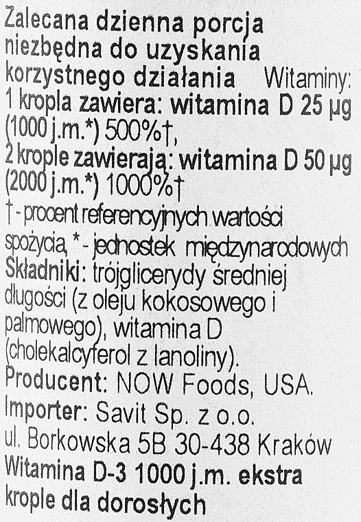 Witamina D-3 na zdrowe kości - Now Foods Liquid Vitamin D3 Extra Strenght 1000 IU — Zdjęcie N3