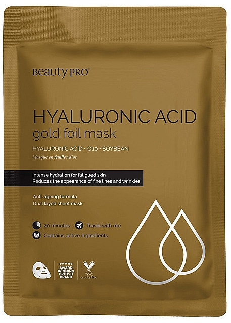 Foliowa maska do twarzy z kwasem hialuronowym - BeautyPro Hyaluronic Acid Gold Foil Mask — Zdjęcie N1