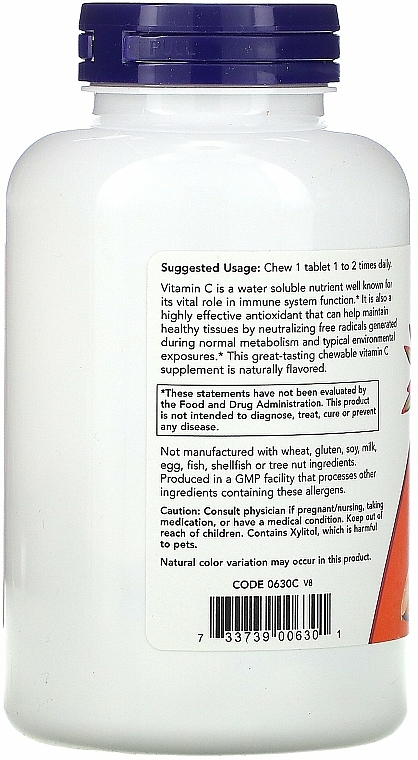 Suplement diety witamina C-500 do żucia o smaku soku pomarańczowego - Now Foods C-500 Chewable Orange Juice Tablets — Zdjęcie N3