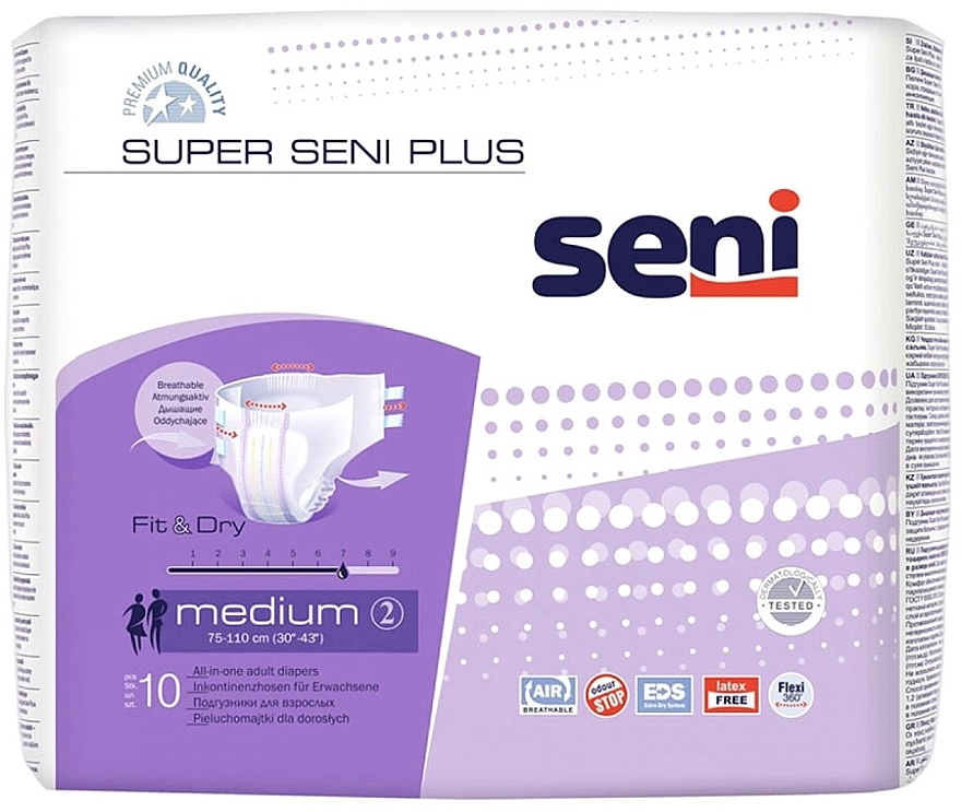 Pieluchy dla dorosłych Super Seni Plus, 75-110 cm - Seni Medium 2 Fit & Dry — Zdjęcie N1