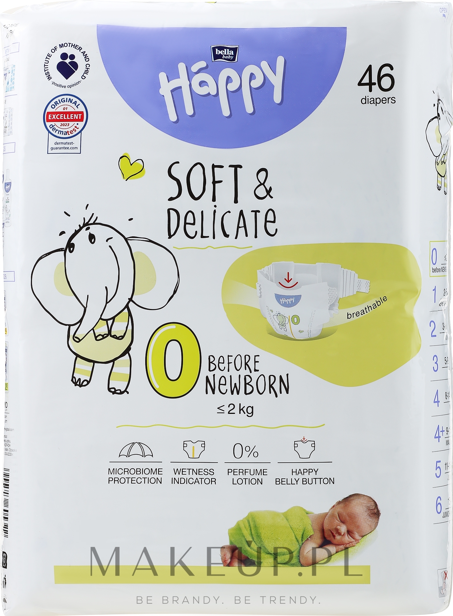 Pieluszki dla niemowląt 0-2 kg, rozmiar 0, 46 sz. - Bella Baby Happy — Zdjęcie 46 szt.