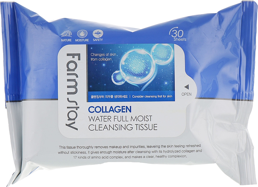 Chusteczki nawilżane z kolagenem, 30 szt. - FarmStay Collagen Water Full Moist Cleansing Tissue