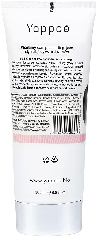 Szampon micelarny na porost włosów - Yappco Exfoliating Shampoo Stimulating Hair Growth — Zdjęcie N2