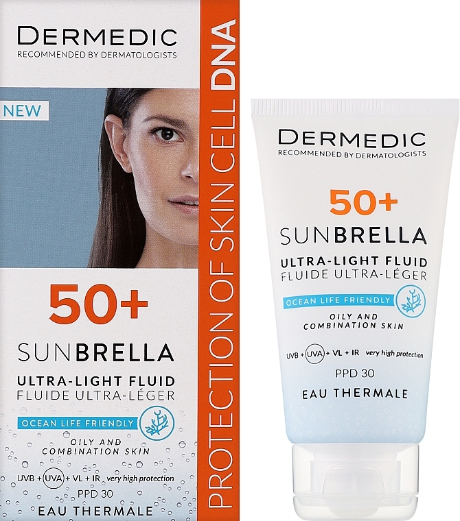 Ultralekki krem ​​ochronny SPF 50+ do skóry tłustej i mieszanej - Dermedic 50+ Sunbrella Ultra-light Fluid — Zdjęcie N2