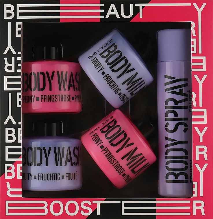 Zestaw Różowa piwonia i owocowy fioletowy - Mades Cosmetics Beauty Booster (sh/gel/2x100ml + b/ilk/2x100ml + b/spray/100ml) — Zdjęcie N1