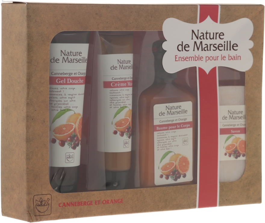 Zestaw kosmetyków o zapachu pomarańczy i żurawiny - Nature de Marseille (lot 150 ml + sh/gel 100 ml + h/cr 60 ml + soap 90 g)