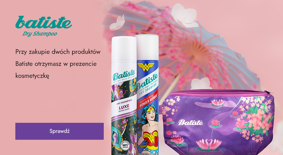 Przy zakupie dwóch produktów Batiste otrzymasz w prezencie kosmetyczkę.