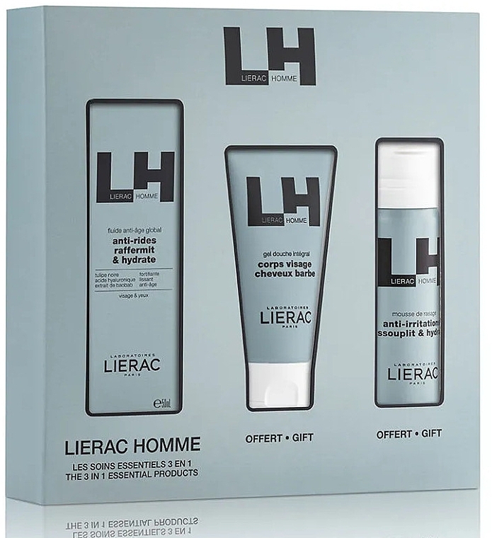 PRZECENA! Zestaw - Lierac Homme The 3 in 1 Essential Products (fluid/50 ml + sh/mousse/50 ml + sh/gel/50 ml) * — Zdjęcie N1