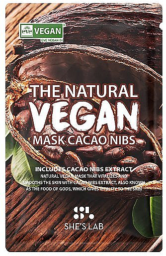Tonizująca maska w płachcie do twarzy z ekstraktem z kakaowca - She’s Lab The Natural Vegan Mask Cacao