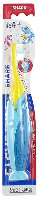 Szczoteczka do zębów dla dzieci Rekin, 2-6 lat, żółto-niebieska - Elgydium Kids Shark 2-6 Years — Zdjęcie N1
